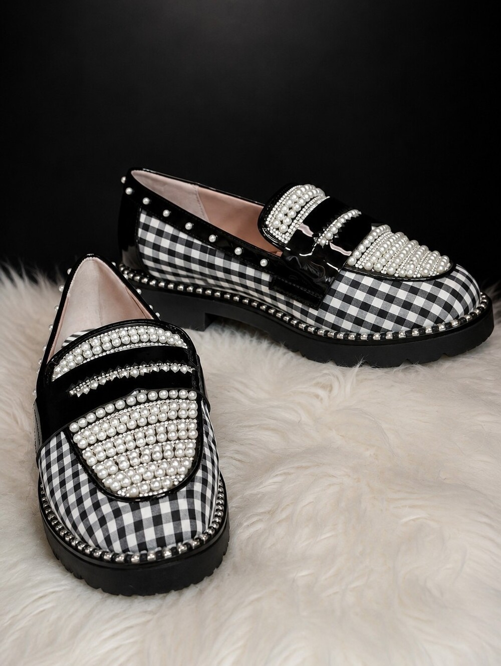 Betsey Johnson Darian Gingham Embellished Loafers Black & White Women Size 7 - Picture 1 of 16